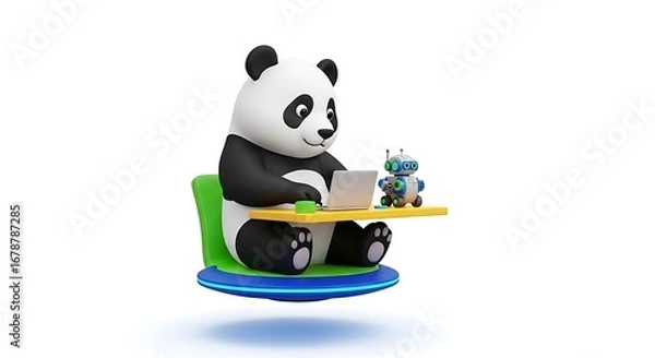Obraz 3d Panda working on a laptop with a robot friend isolated on white background