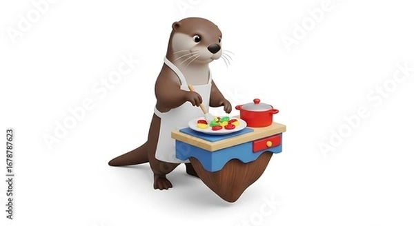 Obraz 3d Cute otter wearing apron cooking food on a small table, isolated on white background
