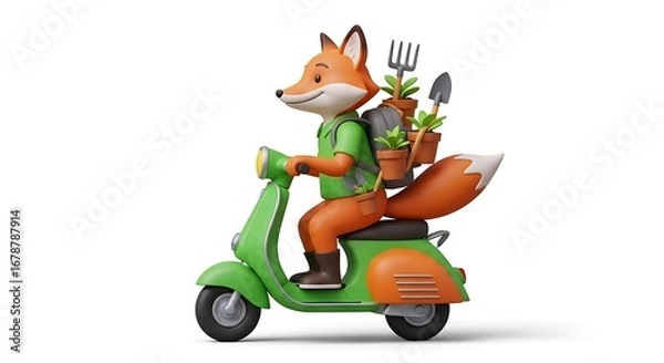 Obraz 3d Fox riding a scooter with gardening tools and plants, isolated on white background