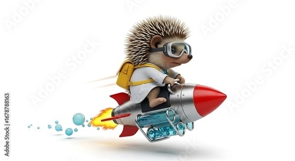 Obraz 3d Cute cartoon hedgehog wearing goggles and a backpack riding a rocket, isolated on white background