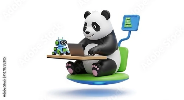 Obraz 3d Friendly cartoon panda working on a laptop with a small robot, isolated on white background