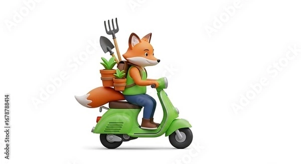 Obraz 3d Happy cartoon fox riding a green scooter with gardening tools, isolated on white background