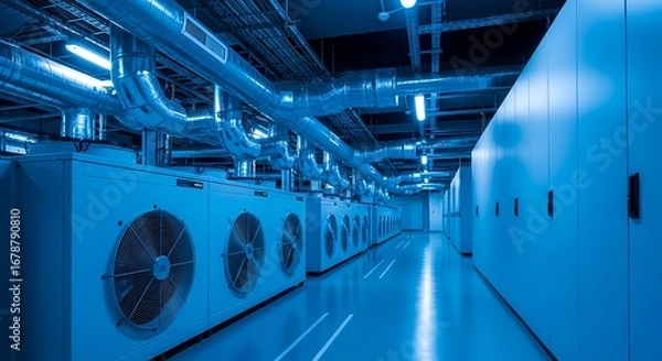 Fototapeta Rows of industrial air conditioning units providing climate control in a secure cloud computing data center