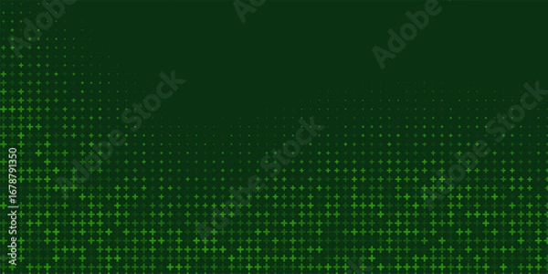 Fototapeta Medical green background. Healthcare circle pattern with glowing plus signs. Abstract futuristic digital backdrop with pixelated geometric elements. Modern technology vector illustration.