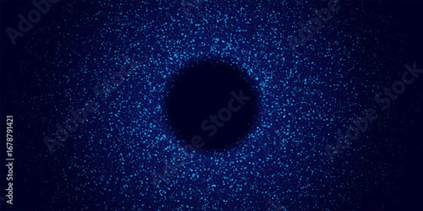 Fototapeta Abstract glowing dotted circular background. Blue particle ring made of small light dots on dark backdrop. Futuristic, cosmic, digital, tech design. Vector illustration.