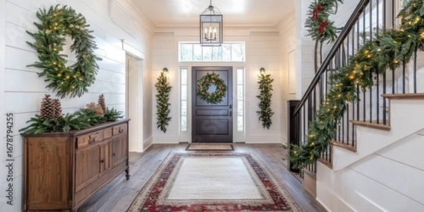 Obraz A warmly lit entryway showcases a traditional Christmas decor. A dark wooden console table sits beneath a large, arched doorway with a dark brown door and a wreath. Two wreaths, adorned with greenery