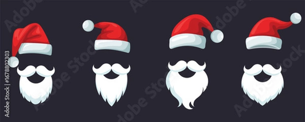 Fototapeta Set of Santa Claus hats. Red Santa hats with beard and mustache. Vector.