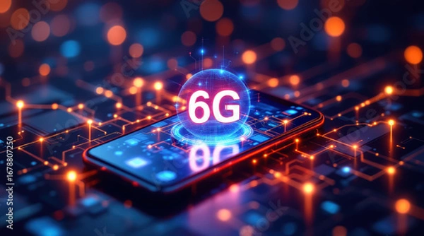 Fototapeta 6g network glowing on smartphone futuristic digital background, advanced wireless technology innovation, energetic atmosphere