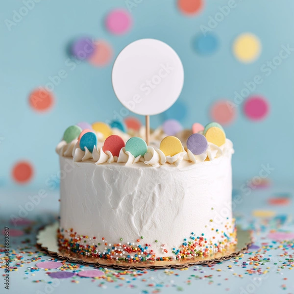 Fototapeta round white cake topper mockup. kids birthday cake with a blank white round cake topper on top. the cake has colorful piped buttercream. confetti in the background. 