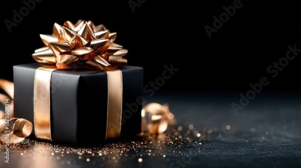 Fototapeta A luxurious black gift box adorned with a shiny golden ribbon and bow, symbolizing celebration and joy, perfect for festive occasions and special moments in life.