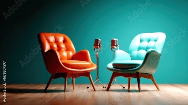 Fototapeta A striking visual of two cozy, colorful chairs and vintage microphones set against a vibrant turquoise backdrop, creating a perfect atmosphere for relaxation and conversation.