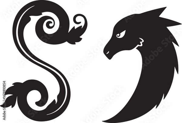 Fototapeta Mythical dragon head and ornate swirl design silhouette for creative projects