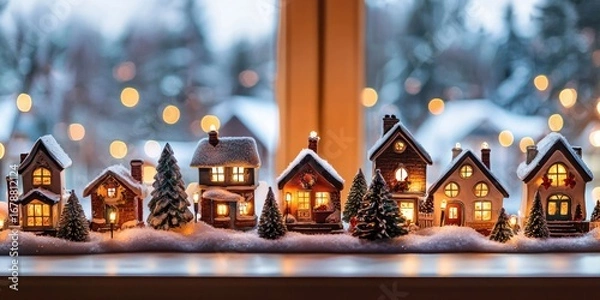 Fototapeta A miniature Christmas village scene is displayed on a windowsill, illuminated by warm, glowing lights. Several small, detailed houses with snowy roofs and lit windows are arranged along a snowy base. 