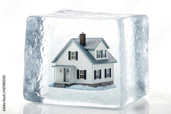 Fototapeta A miniature house encased in a large block of ice representing frozen assets or property home model