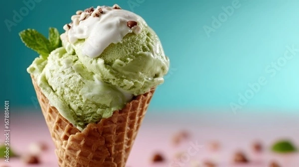 Obraz A tempting ice cream cone topped with mint ice cream and chocolate chips serves as a delightful treat, perfect for refreshing moments during any season.