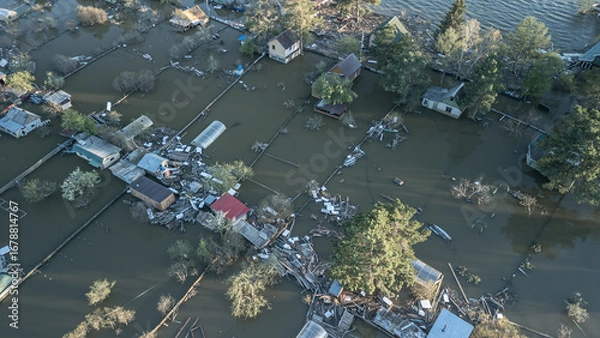 Fototapeta Aerial drone footage showing severe flooding with submerged houses and roads. Wide overhead view of a disaster zone after heavy rainfall, showcasing water damage, extreme weather, and climate-related 