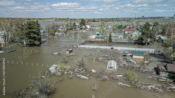 Fototapeta Global warming,climate change.Tsunami.Storms and destruction.Floods on the planet.The apocalypse, catastrophes.Natural disasters the riot.The remnants of human life are floating in dirty water.The end