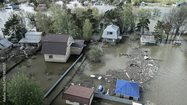 Fototapeta Global warming,climate change.Tsunami.Storms and destruction.Floods on the planet.The apocalypse, catastrophes.Natural disasters the riot.The remnants of human life are floating in dirty water.The end