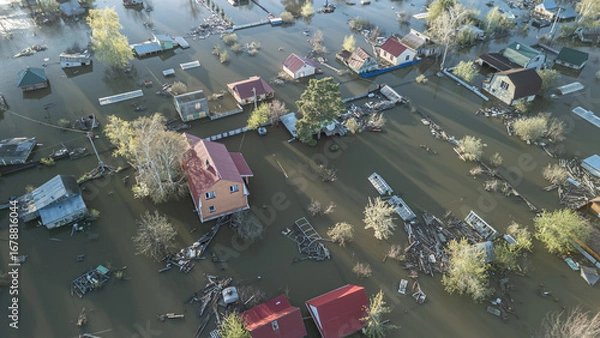 Fototapeta Aerial drone footage showing severe flooding with submerged houses and roads. Wide overhead view of a disaster zone after heavy rainfall, showcasing water damage, extreme weather, and climate-related 