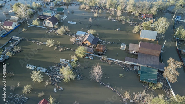 Fototapeta Aerial drone footage showing severe flooding with submerged houses and roads. Wide overhead view of a disaster zone after heavy rainfall, showcasing water damage, extreme weather, and climate-related 