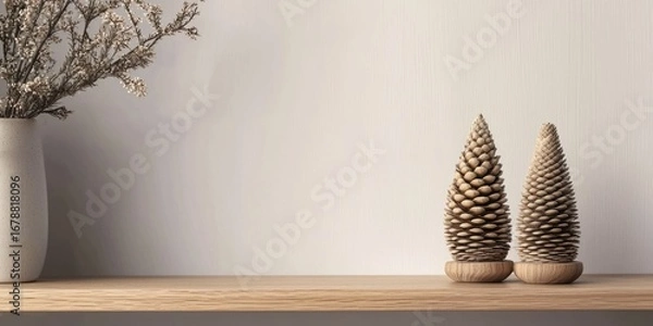 Fototapeta Two wooden cone decorations sit on a wooden shelf next to a vase of dried flowers. The background is a plain white wall. The scene is minimalist and evokes a sense of calm and winter decor. 