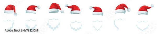 Fototapeta Set of Santa Claus hats. Red Santa hats with beard and mustache. Vector