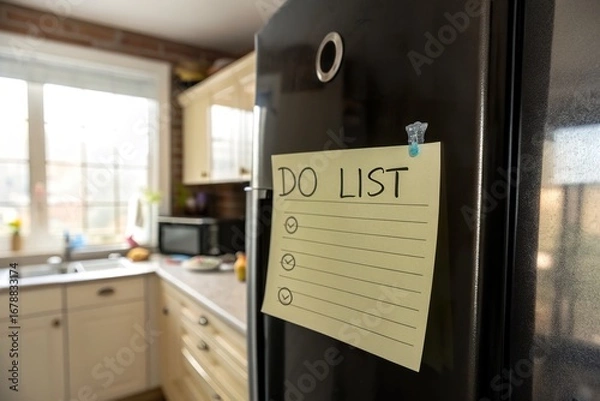 Fototapeta A kitchen scene featuring a black refrigerator with a handwritten 'DO LIST' on a sticky note