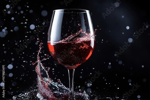 Fototapeta Splashing red wine in elegant glass against black background capturing motion energy and luxury beverage concept