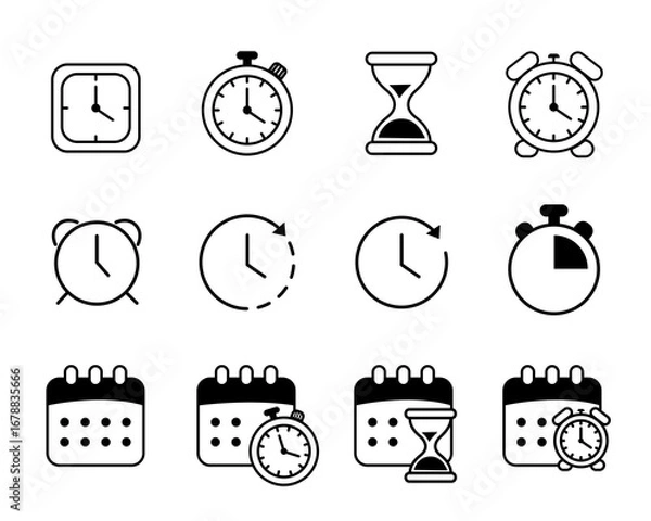 Obraz 알람 시계 날짜 달력 라인드로잉 아이콘 세트(clock calendar line drawing icon set)