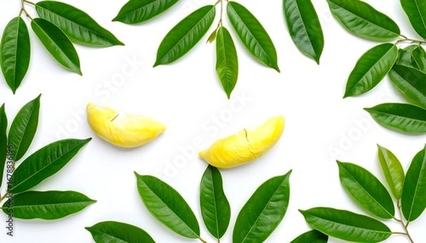 Fototapeta Fresh tropical fruit slices surrounded by vibrant green leaves