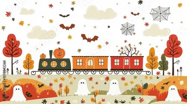 Fototapeta Whimsical Halloween Train with Ghosts, Bats, and Autumn Trees