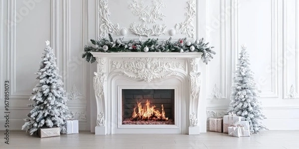 Fototapeta A luxurious, white fireplace is prominently displayed within a grand, paneled room. A roaring fire burns brightly within the brick fireplace.