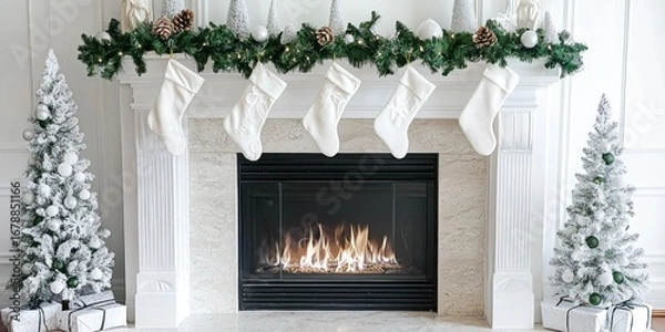 Obraz A festive Christmas scene is displayed above a white fireplace mantel. Five white stockings hang from the mantel, adorned with pinecones and small evergreen branches. 