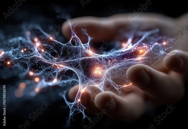 Fototapeta Futuristic digital network glowing in a human hand.