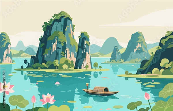 Fototapeta Chinese style architecture and scenery, vector diagram