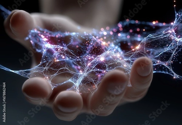Fototapeta Futuristic digital network glowing in a human hand.