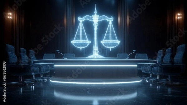 Fototapeta Futuristic AI courtroom with glowing scales of justice and advanced technology in a sleek environment