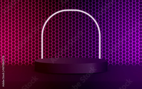 Fototapeta 3D cylindrical podium backdrop with background. Minimalist pedestal mockup. Abstract product display booth presentation, stage showcase. Vector geometric platform design.