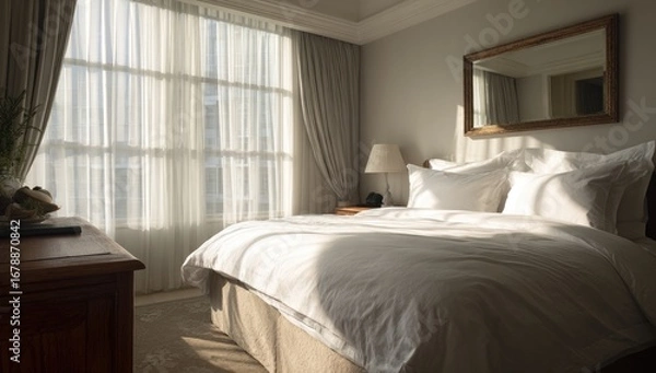 Obraz Sunny hotel bedroom with white linens and large windows
