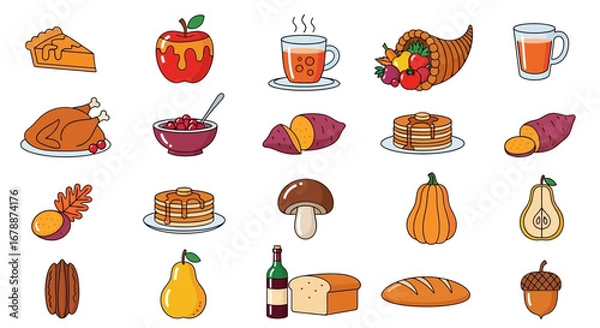 Fototapeta Vector Icons Set of A colorful collection of hand drawn Thanksgiving and autumn food icons isolated on a white background. EPS Editable