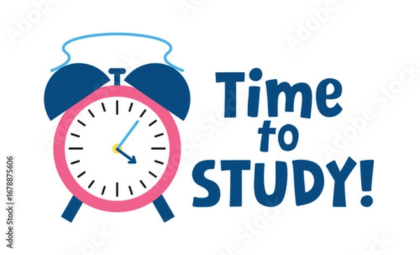Fototapeta Time to Study horizontal banner with a pink alarm clock. Vector illustration