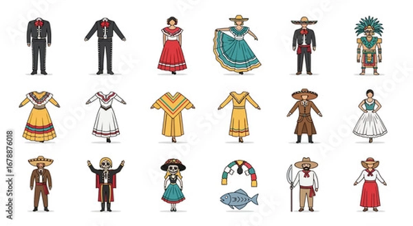 Fototapeta Vector Icons Set of Colorful Vector Illustrations of Traditional Mexican National Costumes for Men and Women. EPS Editable