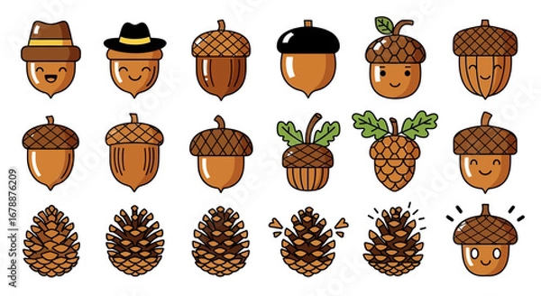 Fototapeta Vector Icons Set of Cute cartoon acorn and pinecone character set vector illustration. EPS Editable