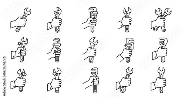 Fototapeta Vector Icons Set of Hand drawn doodle icon set of hands holding various wrenches and tools. EPS Editable