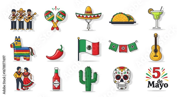 Fototapeta Vector Icons Set of Set of colorful icons for Cinco de Mayo Mexican holiday celebration. EPS Editable