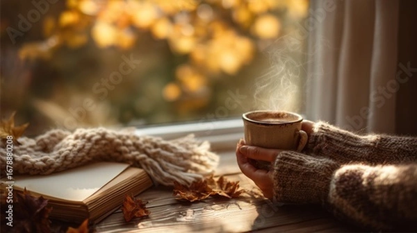 Obraz Cozy autumn morning scene, woman's hands holding steaming mug of coffee and reading on wooden table, open book, window view of golden leaves in background, warm, soft light, serene atmosphere