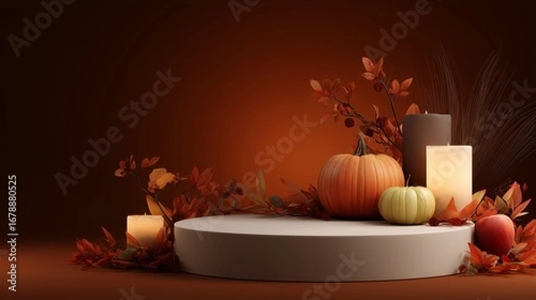 Obraz Autumn banner mockup with geometric platform for product placement, spooky halloween atmosphere with old leaves, red apple, pumpkin and mystical candles on dark orange background, empty space for text