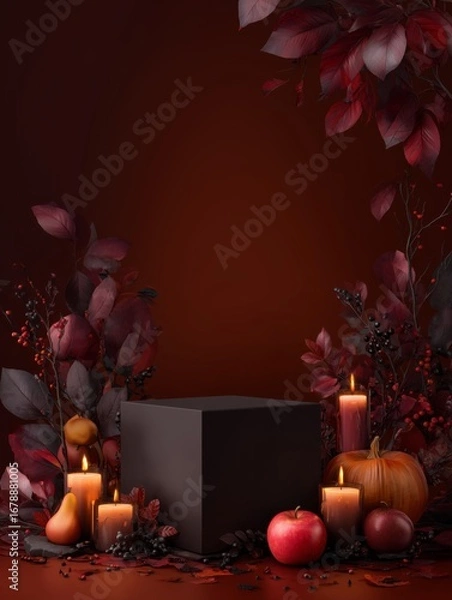 Obraz Vertical autumn cube podium mockup, blank space in center, luxury celebration halloween atmosphere, dark background with old leaves, branches and pumpkins decorations, spiders web and mystical candles