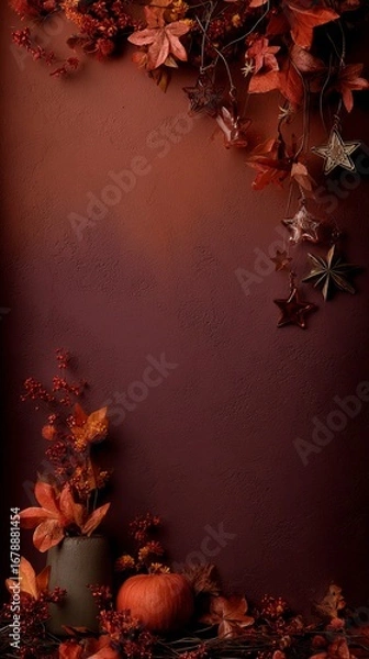 Obraz Vertical frame mockup with empty space, dark autumn concept for halloween banner, luxury style decorations, elegant flat lay of old leaves and branches, pumpkins and berries, dark noble red background