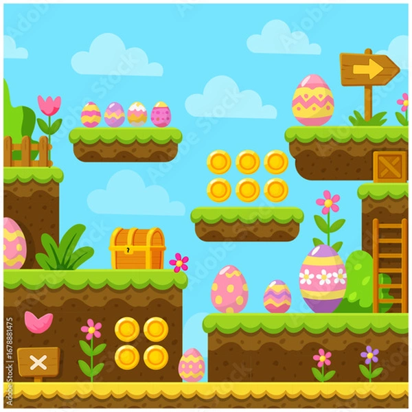 Fototapeta Easter Platformer Game Level Vector Background